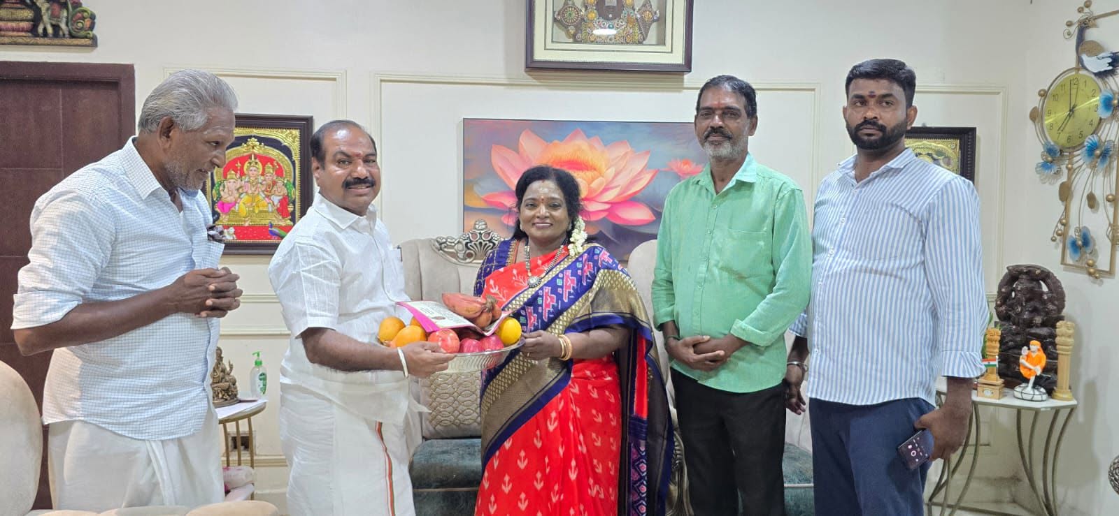 Kalidass and fellow party members calling on former Governor Tamilisai Soundararajan with a fruit basket, part of the courtesies regularly extended within the party's Chennai leadership circle.